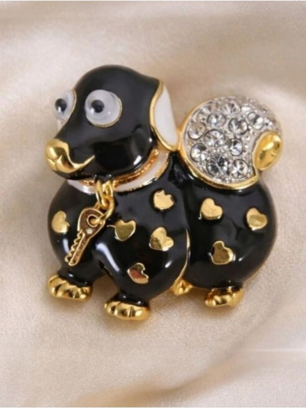 Vintage Black & Gold Dachshund Brooch Googly Eyes & Key Charm Collar - Picture 2 of 4